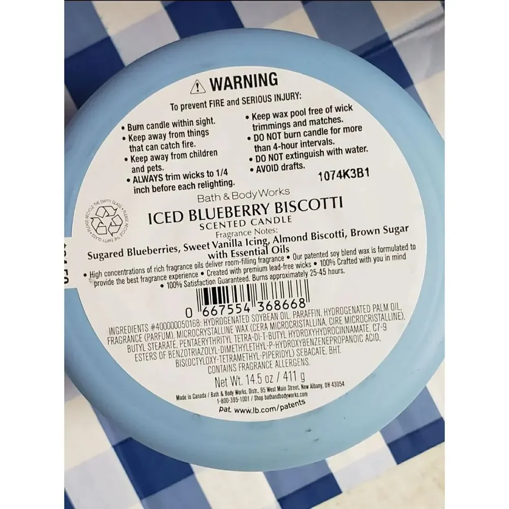 BBW Blueberry Biscotti Large 3 Wick Candle Home Fragrance Decor